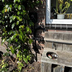 Een laadpaal voor elektrische voertuigen, netjes geïnstalleerd aan de wand met kabels voorbereid voor gebruik. De omgeving is goed onderhouden met groenvoorzieningen.