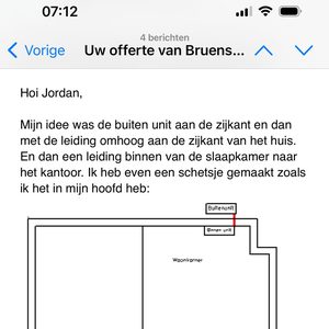 Een schets van een airconditioning installatie, met een buiten- en binnenunit, en leidingen naar verschillende kamers in het huis.